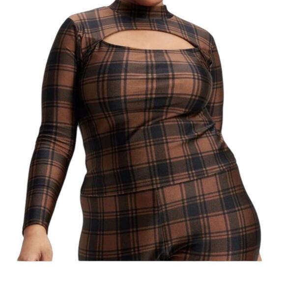 Good American Size 5 US 2XL Peplum Front Cut Out Top Tan Brown Plaid Stretch NWT - Picture 1 of 12